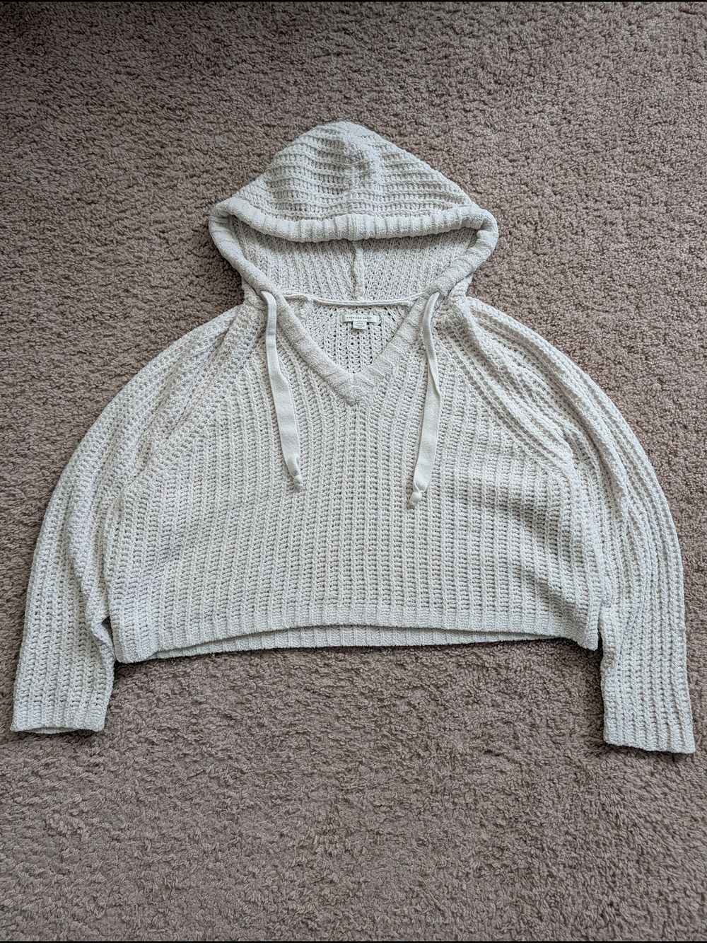American Eagle Womens White Chenille Open Knit Cropped Hooded Sweater Size Small - Picture 5 of 13